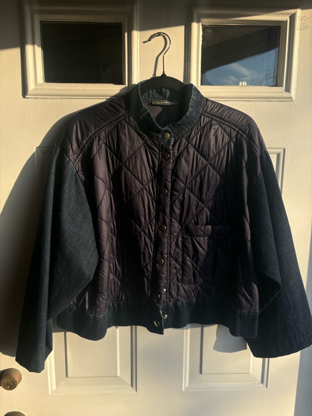 Alembika Women’s L Quilted Jacket Wide Sleeve Mixed Media Denim Jacket Pocket